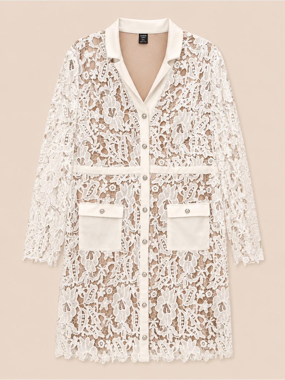 SHEIN Cream Lace Longline Button-Front Robe with Satin Trim